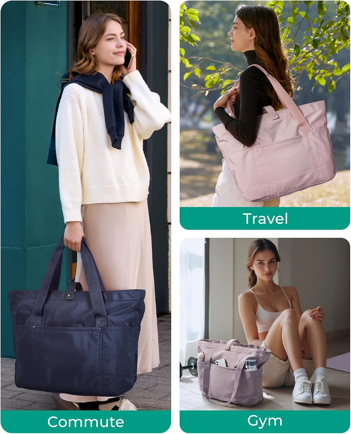 Tote Bag for Women, Foldable Tote Bag with Zipper Travel Shoulder Bag Handbag for Work