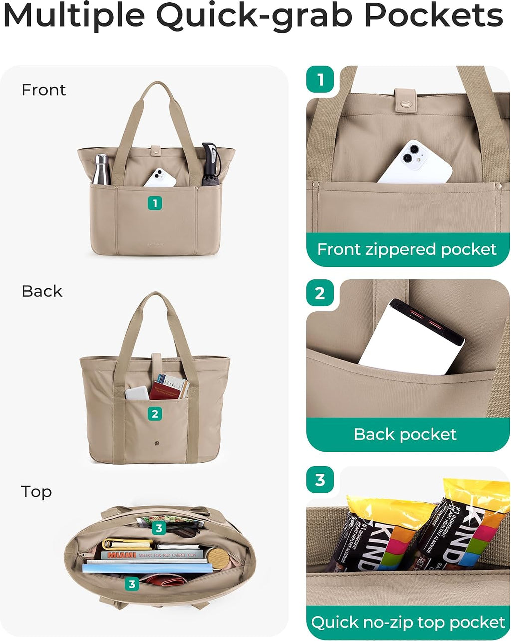 Tote Bag for Women, Foldable Tote Bag with Zipper Travel Shoulder Bag Handbag for Work