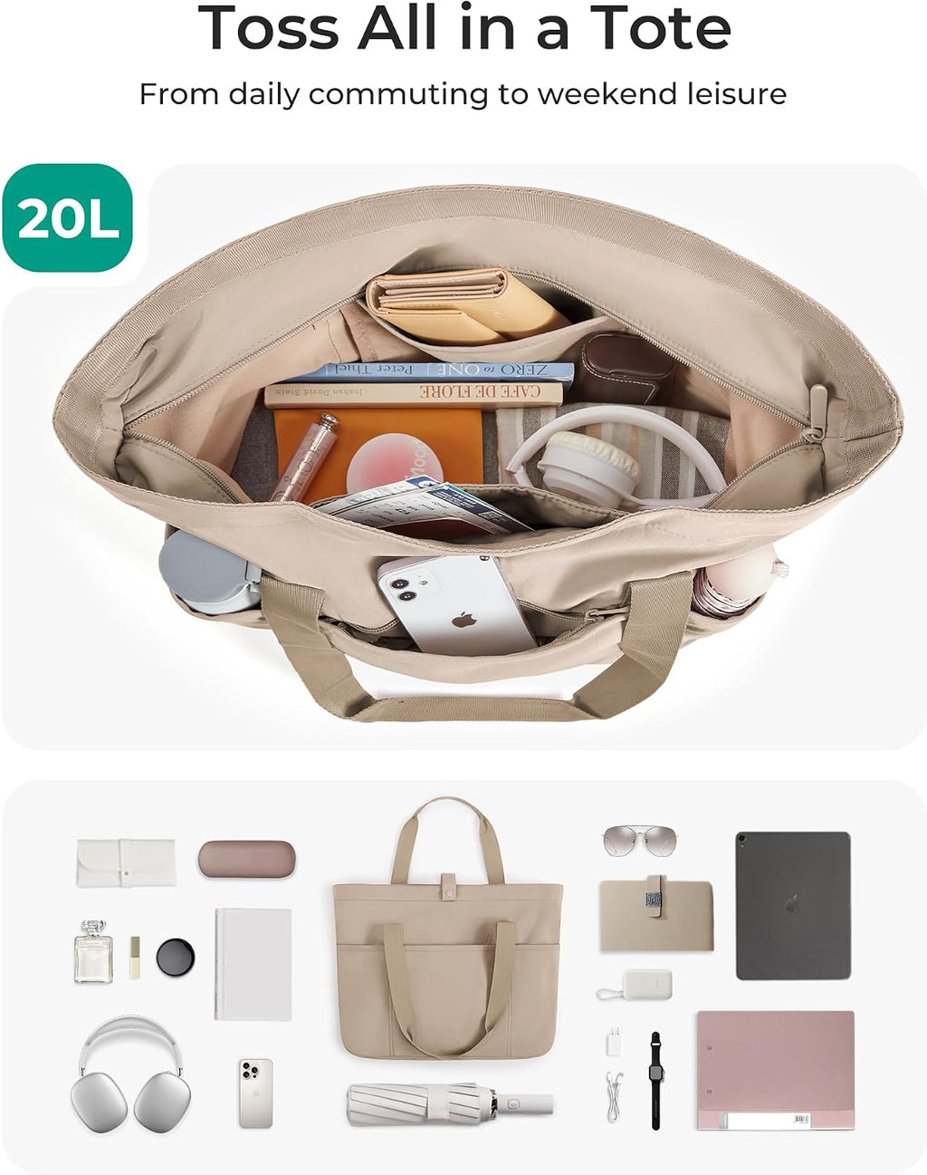 Tote Bag for Women, Foldable Tote Bag with Zipper Travel Shoulder Bag Handbag for Work