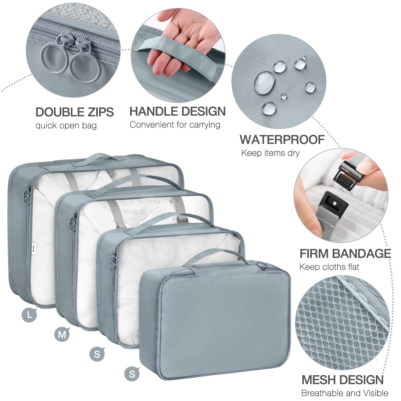 Travel Packing Cubes Set – 8 Piece (Grey) - Her travel