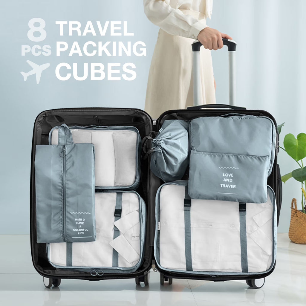 Travel Packing Cubes Set – 8 Piece (Grey) - Her travel